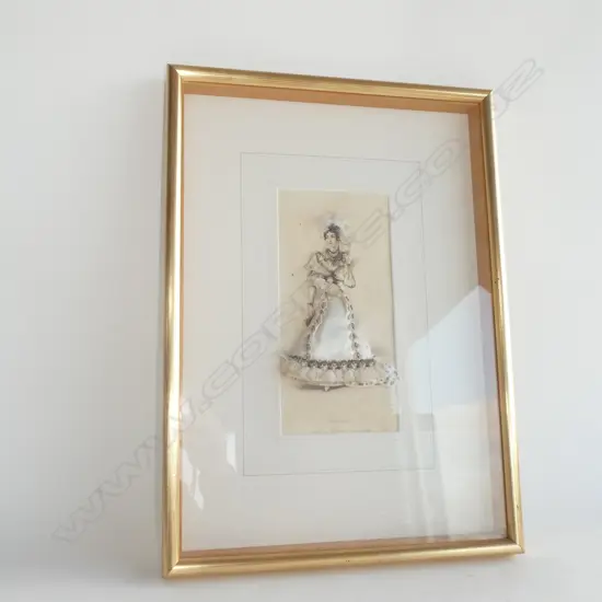 A box framed engraving of lady in court dress, with added costume.